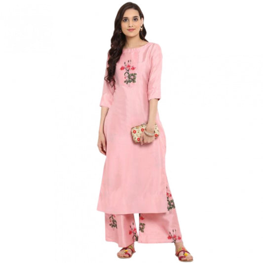 Shopper Beast Women's Casual 3-4Th Sleeve Floral Printed Poly Silk Kurti and Palazzo Set (Pink)