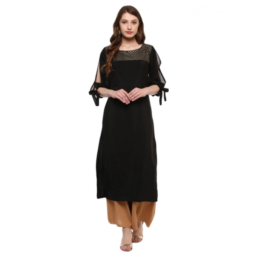 Shopper Beast Women's Casual 3-4Th Sleeve Solid Crepe Kurti (Black)