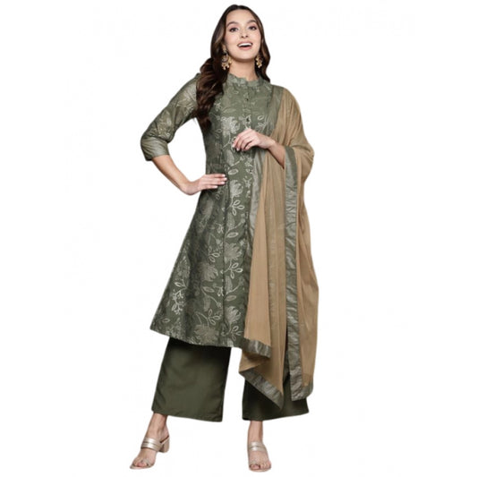 Shopper Beast Women's Casual 3-4Th Sleeve Floral Printed Chanderi Cotton Kurti Palazzo And Dupatta Set (Green)