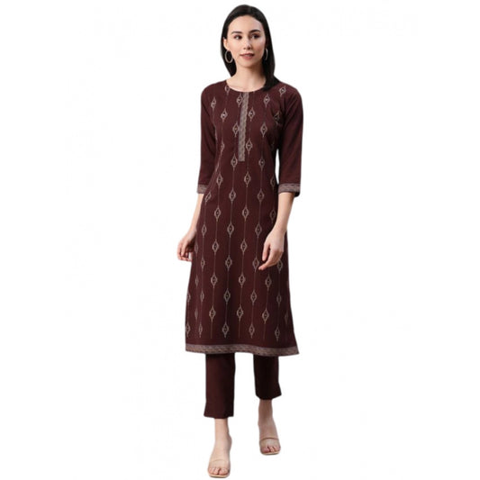 Shopper Beast Women's Casual 3-4Th Sleeve Ethnic Motifs Rayon Kurti And Pant Set (Brown)