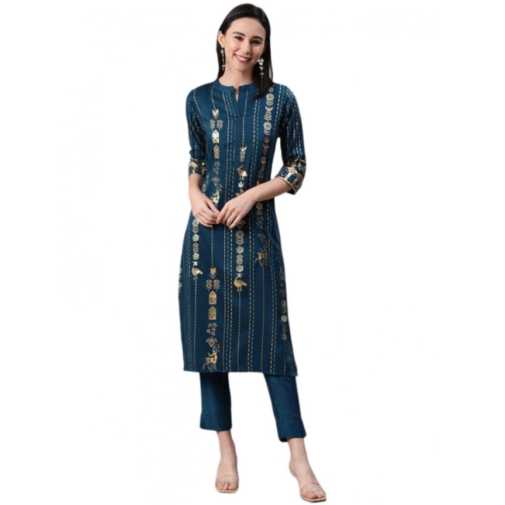 Shopper Beast Women's Casual 3-4Th Sleeve Floral Printed Rayon Kurti And Pant Set (Teal)