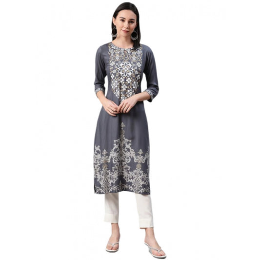 Shopper Beast Women's Casual 3-4Th Sleeve Floral Printed Rayon Kurti And Pant Set (Grey)