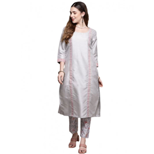 Shopper Beast Women's Casual 3-4Th Sleeve Geometric Poly Silk Kurti and Pant Set (Light Grey)