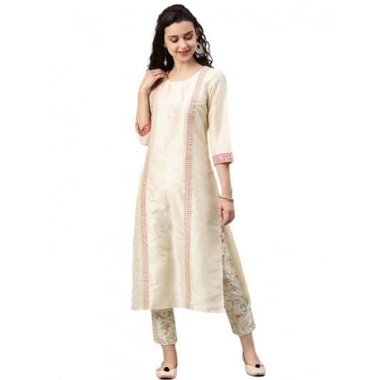 Shopper Beast Women's Casual 3-4Th Sleeve Geometric Poly Silk Kurti and Pant Set (Cream)