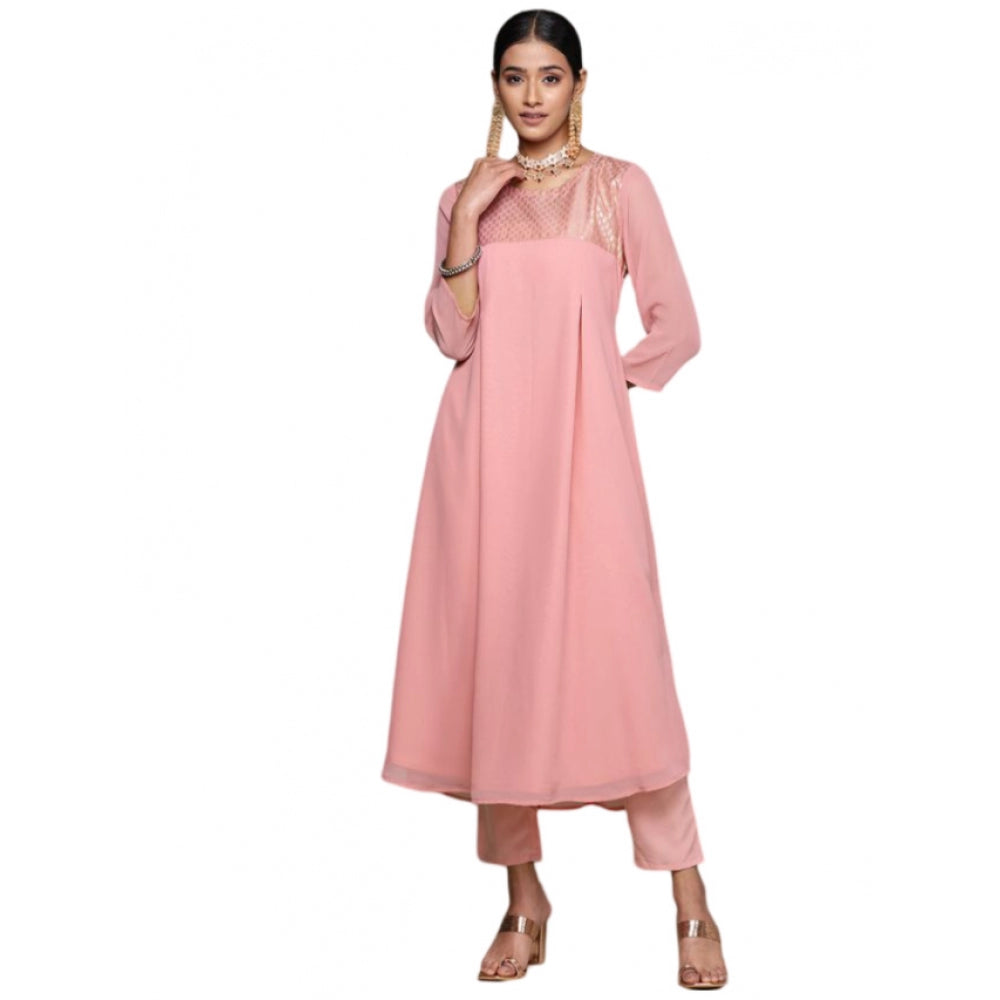 Shopper Beast Women's Casual 3-4Th Sleeve Geometric Georgette &amp; Crepe Kurti and Pant Set (Pink)