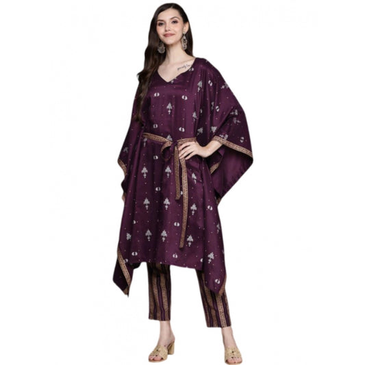 Shopper Beast Women's Casual 3-4Th Sleeve Traditional Crepe Kurti And Pant Set (Wine)