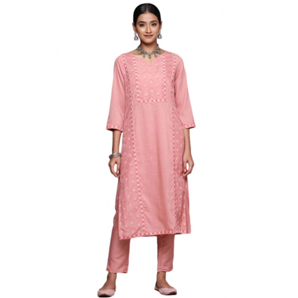 Shopper Beast Women's Casual 3-4Th Sleeve Floral Printed Chinon Kurti and Pant Set (Peach)