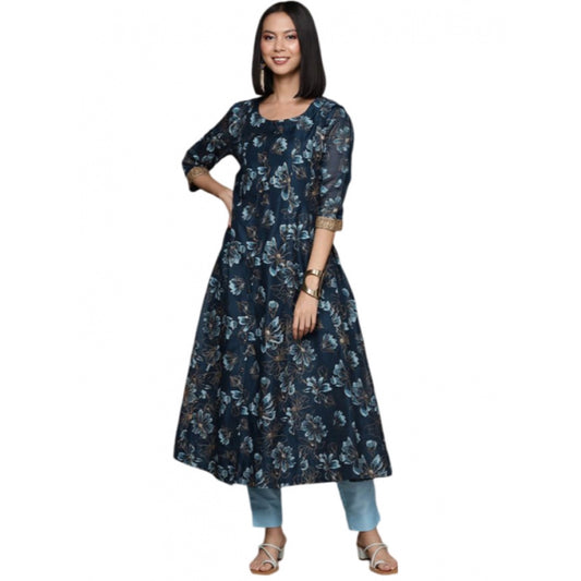 Shopper Beast Women's Casual 3-4Th Sleeve Floral Printed Chanderi Cotton Kurti And Pant Set (Navy Blue)