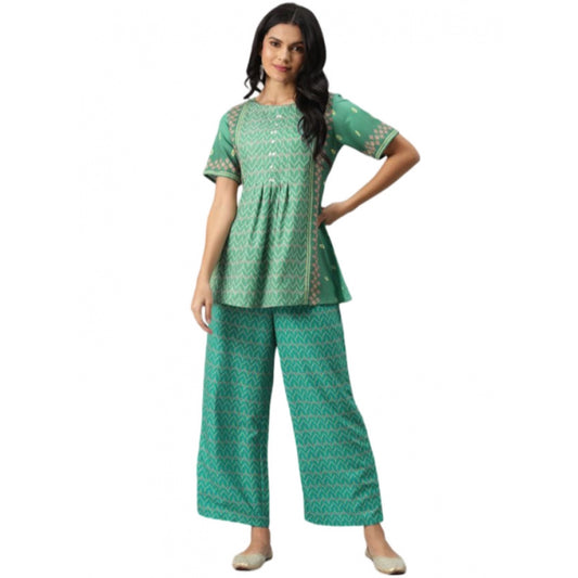 Shopper Beast Women's Casual Half Sleeve Geometric Rayon Kurti And Palazzo Set (Green)