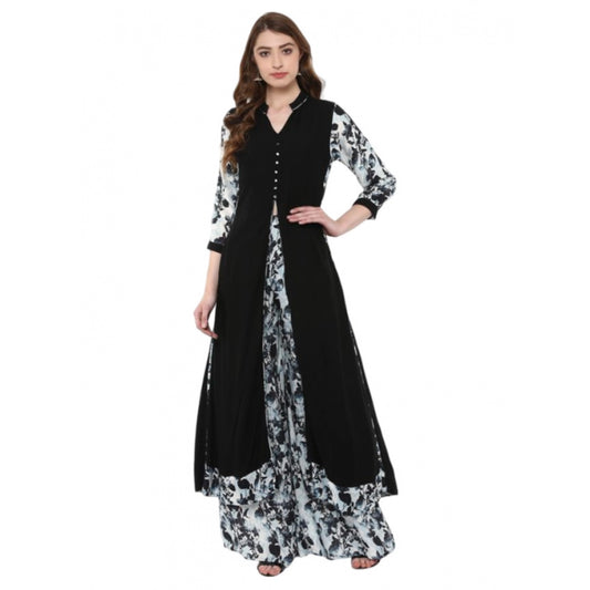 Shopper Beast Women's Casual 3-4Th Sleeve Floral Printed Rayon Kurti and Palazzo Set (Black)