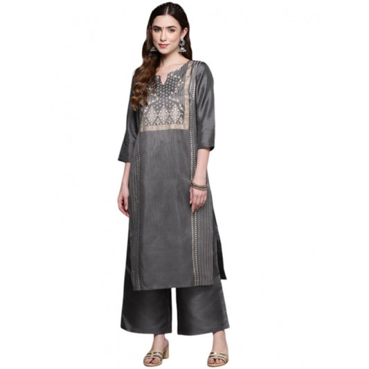 Shopper Beast Women's Casual 3-4Th Sleeve Ethnic Motifs Poly Silk Kurti And Palazzo Set (Dark Grey)