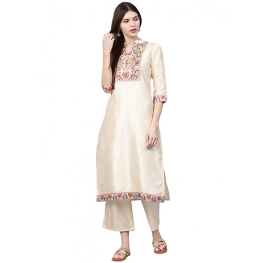 Shopper Beast Women's Casual 3-4Th Sleeve Ethnic Motifs Poly Silk Kurti and Palazzo Set (Cream)