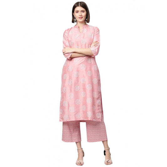 Shopper Beast Women's Casual 3-4Th Sleeve Floral Printed Poly Silk Kurti And Palazzo Set (Pink)