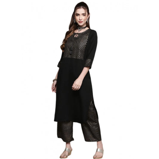 Shopper Beast Women's Casual Full Sleeve Ethnic Motifs Crepe Kurti and Palazzo Set (Black)