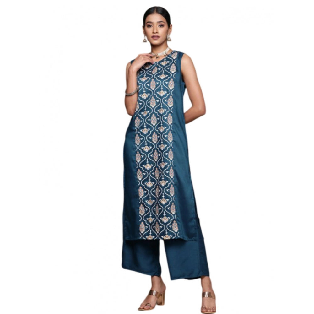 Shopper Beast Women's Casual Sleeveless Floral Printed Chinon Kurti and Palazzo Set (Teal Blue)