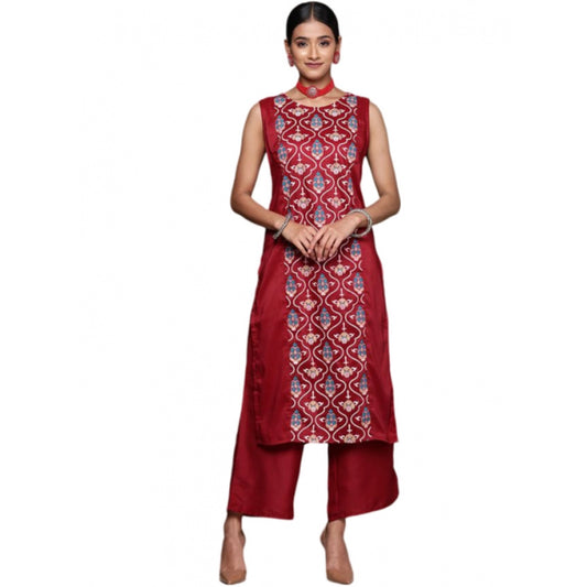 Shopper Beast Women's Casual Sleeveless Floral Printed Chinon Kurti and Palazzo Set (Maroon)