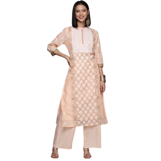 Shopper Beast Women's Casual 3-4Th Sleeve Floral Printed Chanderi Cotton Kurti And Palazzo Set (Peach)