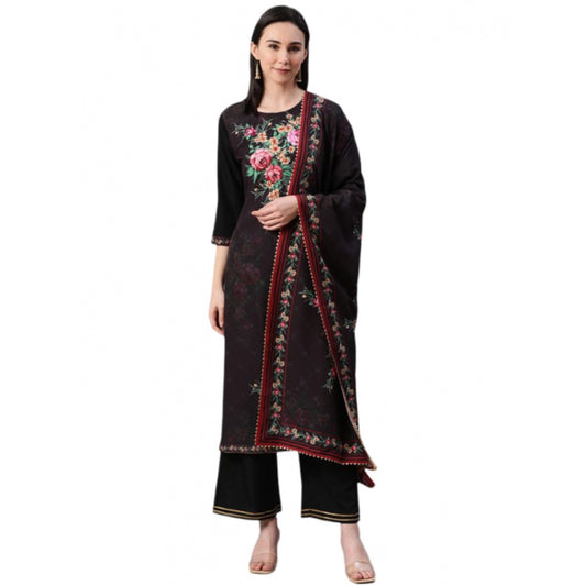 Shopper Beast Women's Casual 3-4Th Sleeve Floral Printed Crepe KurtiPalazzo And Dupatta Set (Black)