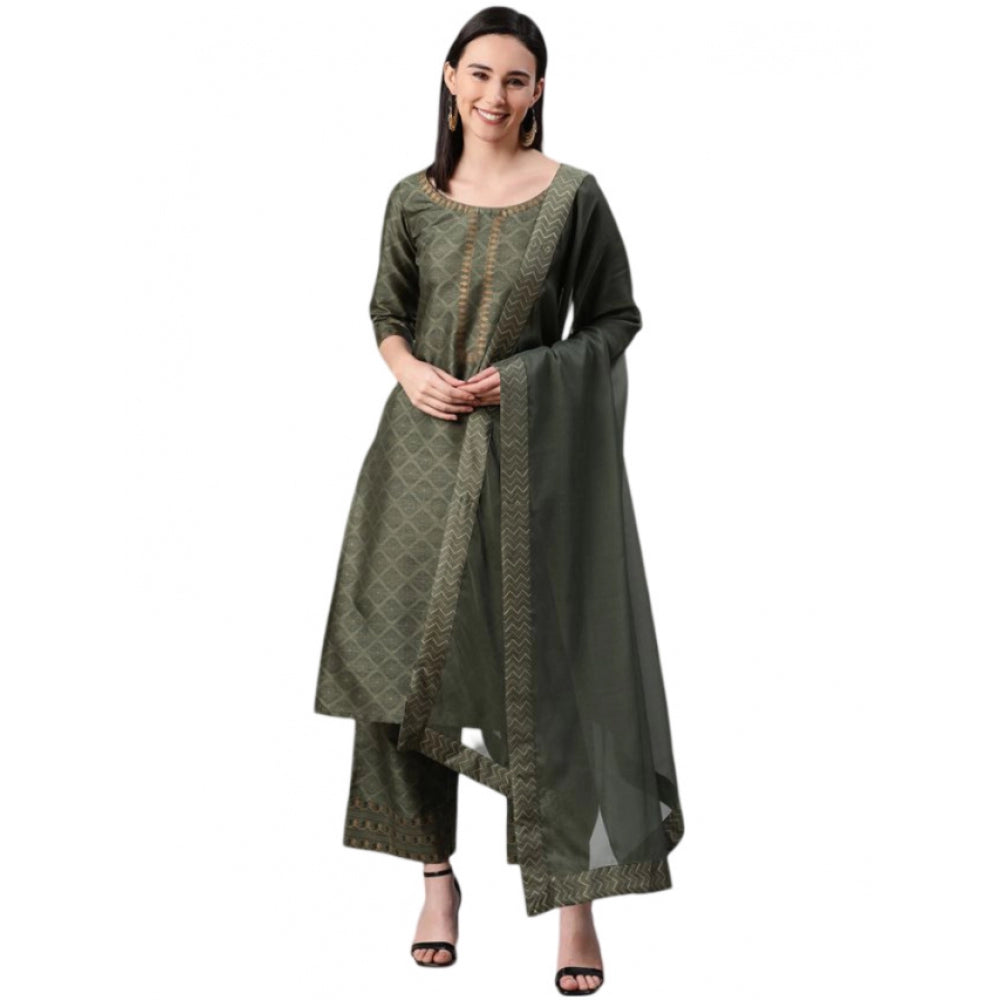 Shopper Beast Women's Casual 3-4Th Sleeve Ethnic Motifs Poly Silk KurtiPalazzo And Dupatta Set (Green)