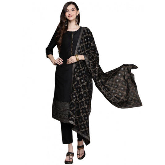 Shopper Beast Women's Casual 3-4Th Sleeve Border Crepe Kurti Pant And Dupatta Set (Black)