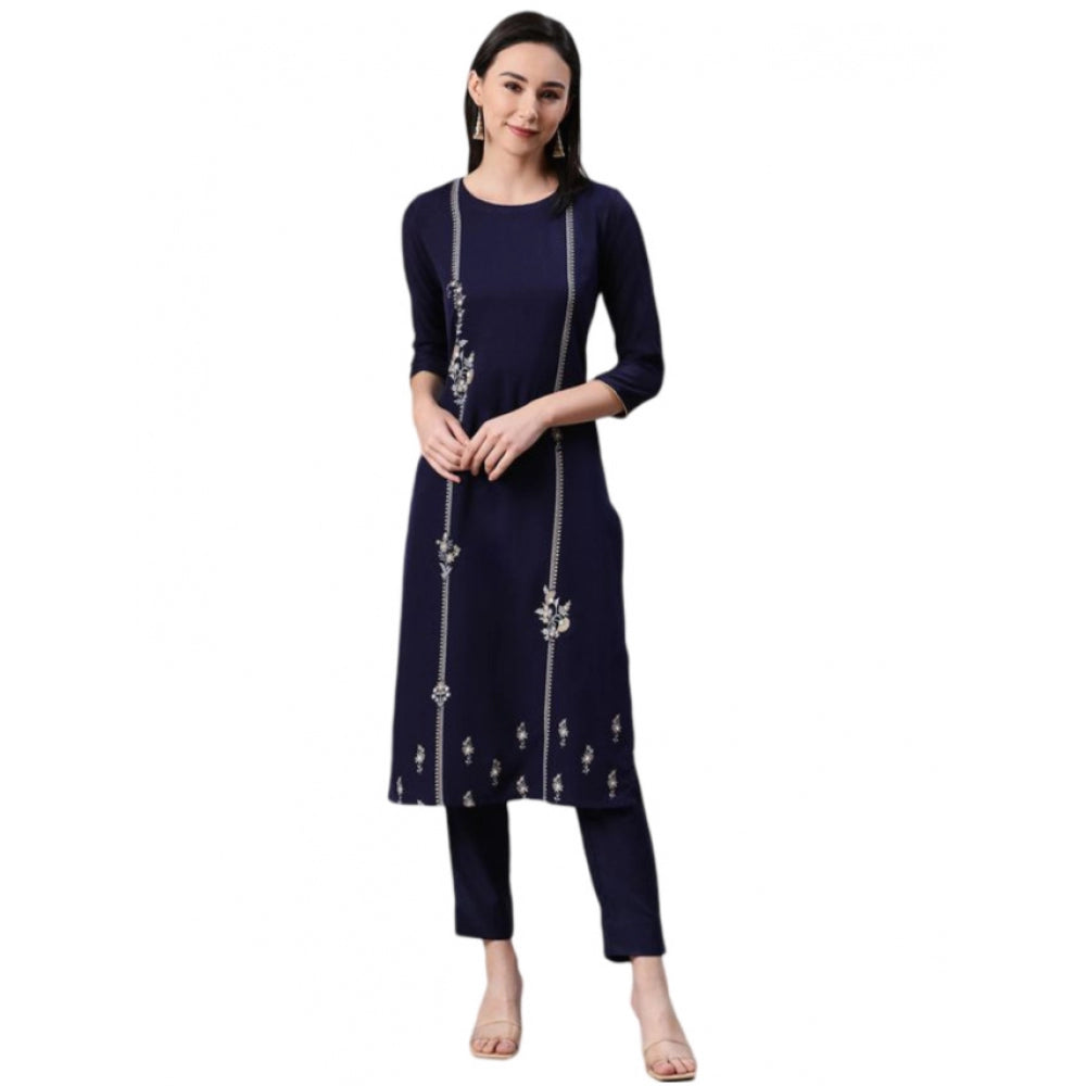 Shopper Beast Women's Casual 3-4Th Sleeve Floral Printed Rayon Kurti And Pant Set (Blue)