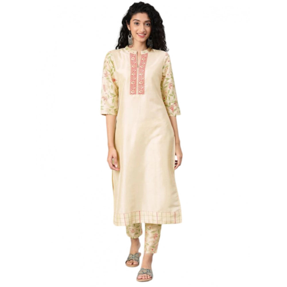 Shopper Beast Women's Casual 3-4Th Sleeve Solid Poly Silk Kurti and Pant Set (Cream)