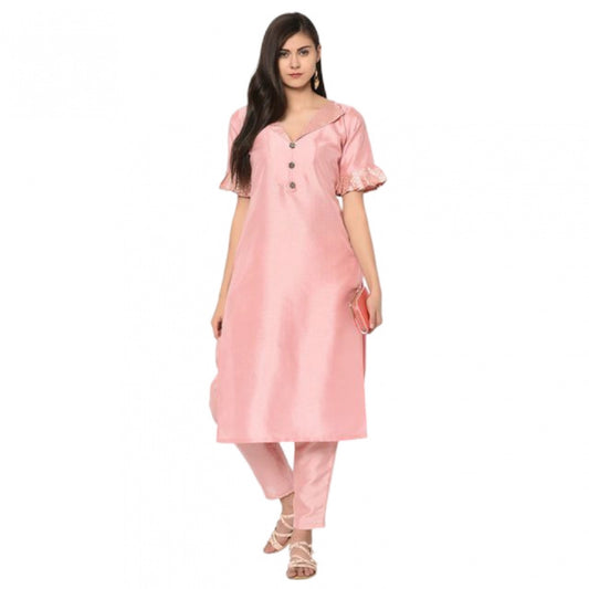 Shopper Beast Women's Casual Half Sleeve Solid Poly Silk Kurti and Pant Set (Pink)