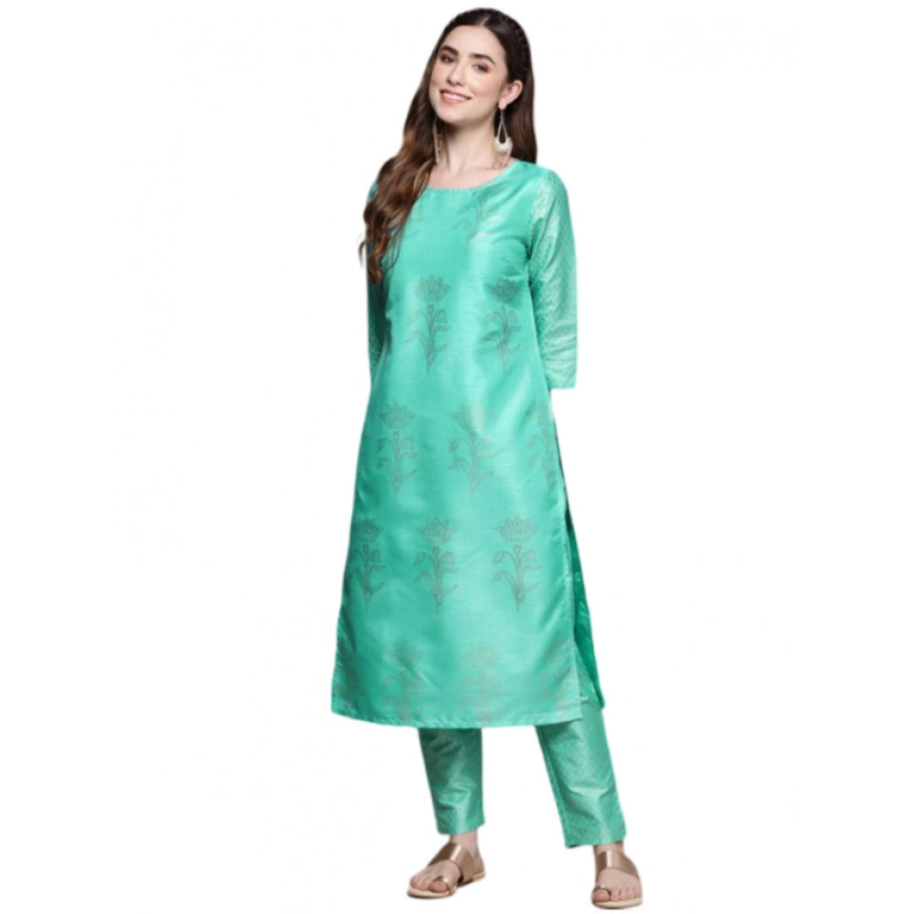 Shopper Beast Women's Casual 3-4Th Sleeve Floral Printed Poly Silk Kurti and Pant Set (Sea Green)