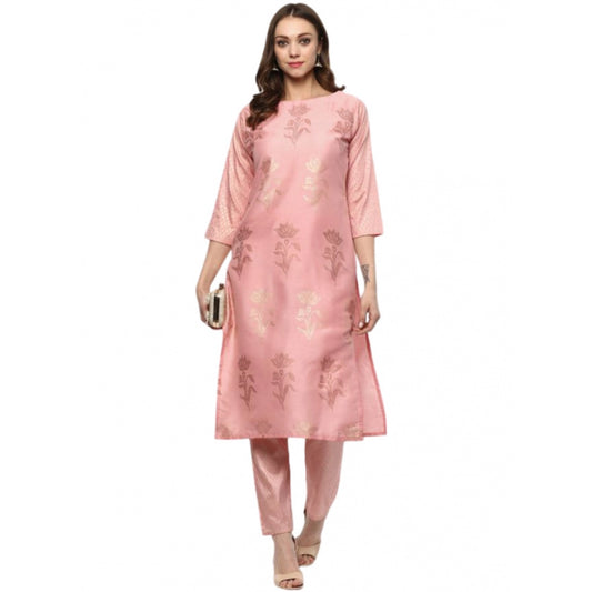 Shopper Beast Women's Casual 3-4Th Sleeve Floral Printed Poly Silk Kurti and Pant Set (Pink)