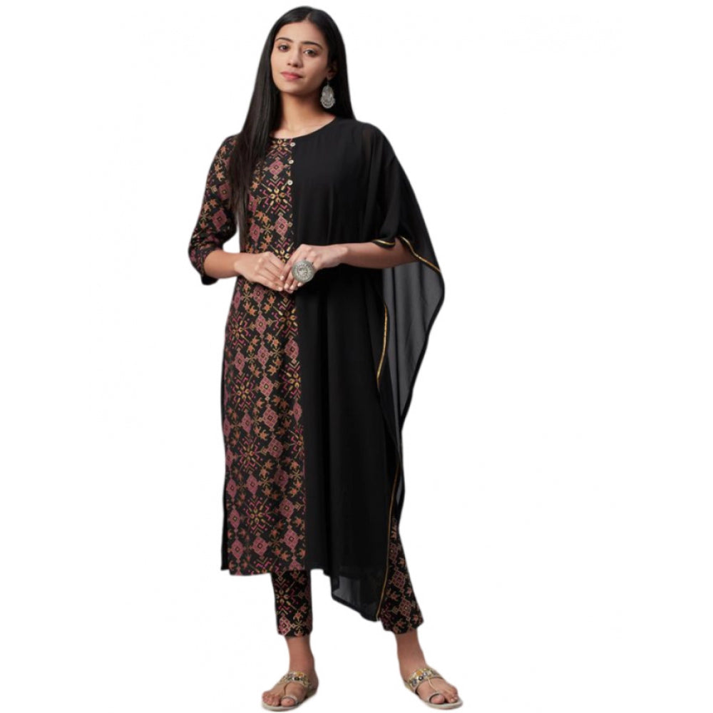 Shopper Beast Women's Casual Half Sleeve Ethnic Motifs Georgette &amp; Crepe Kurti and Pant Set (Black)