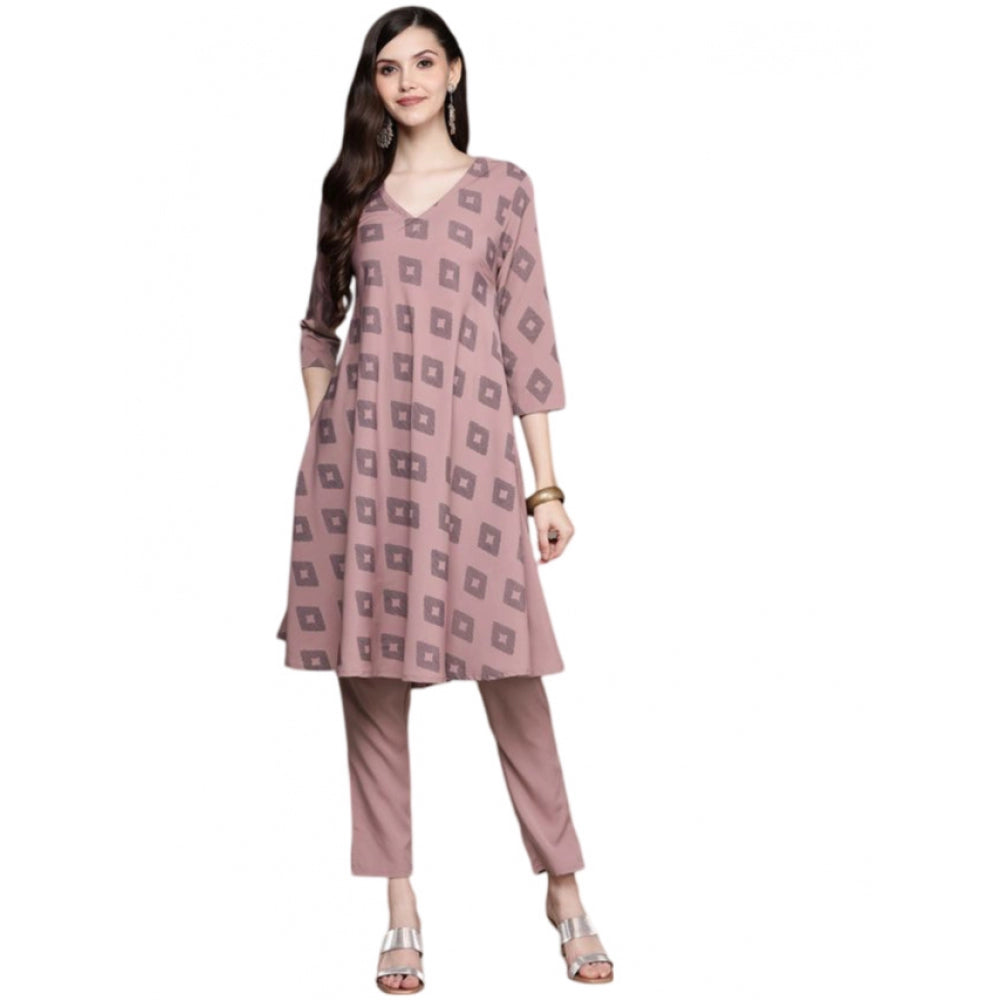 Shopper Beast Women's Casual 3-4Th Sleeve Ikkat Crepe Kurti And Pant Set (Brown)