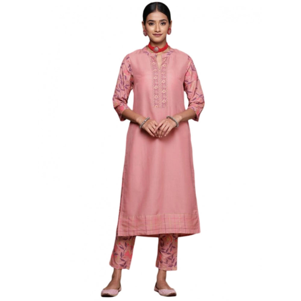 Shopper Beast Women's Casual 3-4Th Sleeve Geometric Chinon Kurti and Pant Set (Peach)