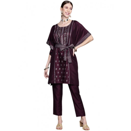 Shopper Beast Women's Casual 3-4Th Sleeve Floral Printed Chinon Kurti And Pant Set (Wine)