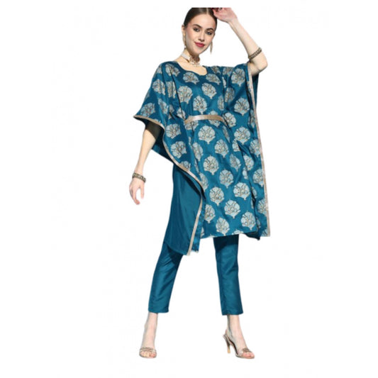 Shopper Beast Women's Casual 3-4Th Sleeve Floral Printed Chinon Kurti And Pant Set (Teal)