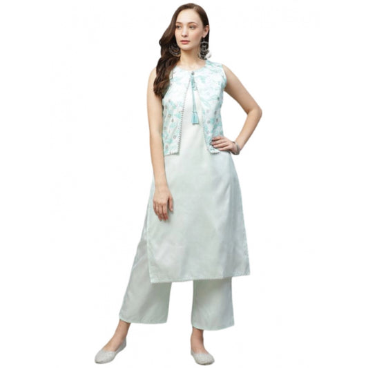 Shopper Beast Women's Casual Sleeveless Abstract Poly Silk Kurti and Palazzo Set (Mint Green)