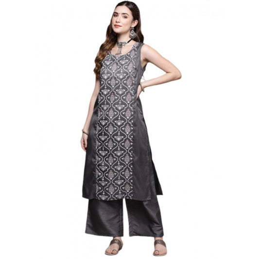 Shopper Beast Women's Casual Sleeveless Floral Printed Poly Silk Kurti and Palazzo Set (Dark Grey)