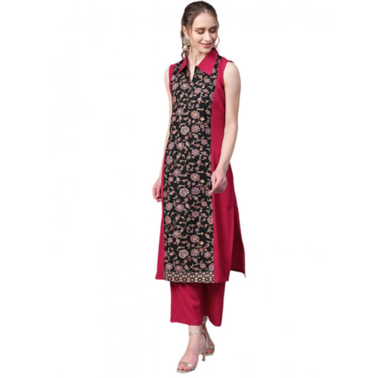 Shopper Beast Women's Casual Sleeveless Floral Printed Crepe Kurti and Palazzo Set (Pink)