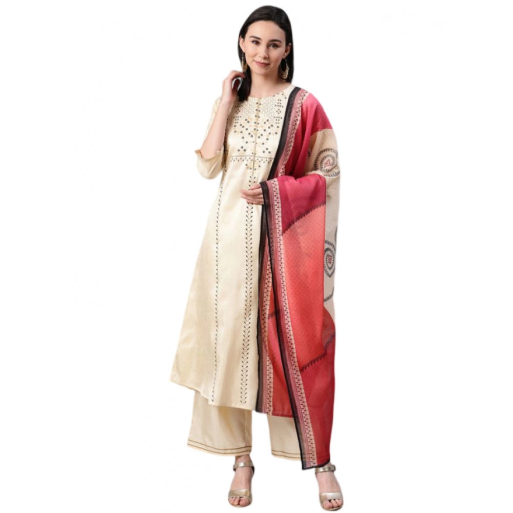 Shopper Beast Women's Casual 3-4Th Sleeve Ethnic Motifs Poly Silk KurtiPalazzo And Dupatta Set (Cream)