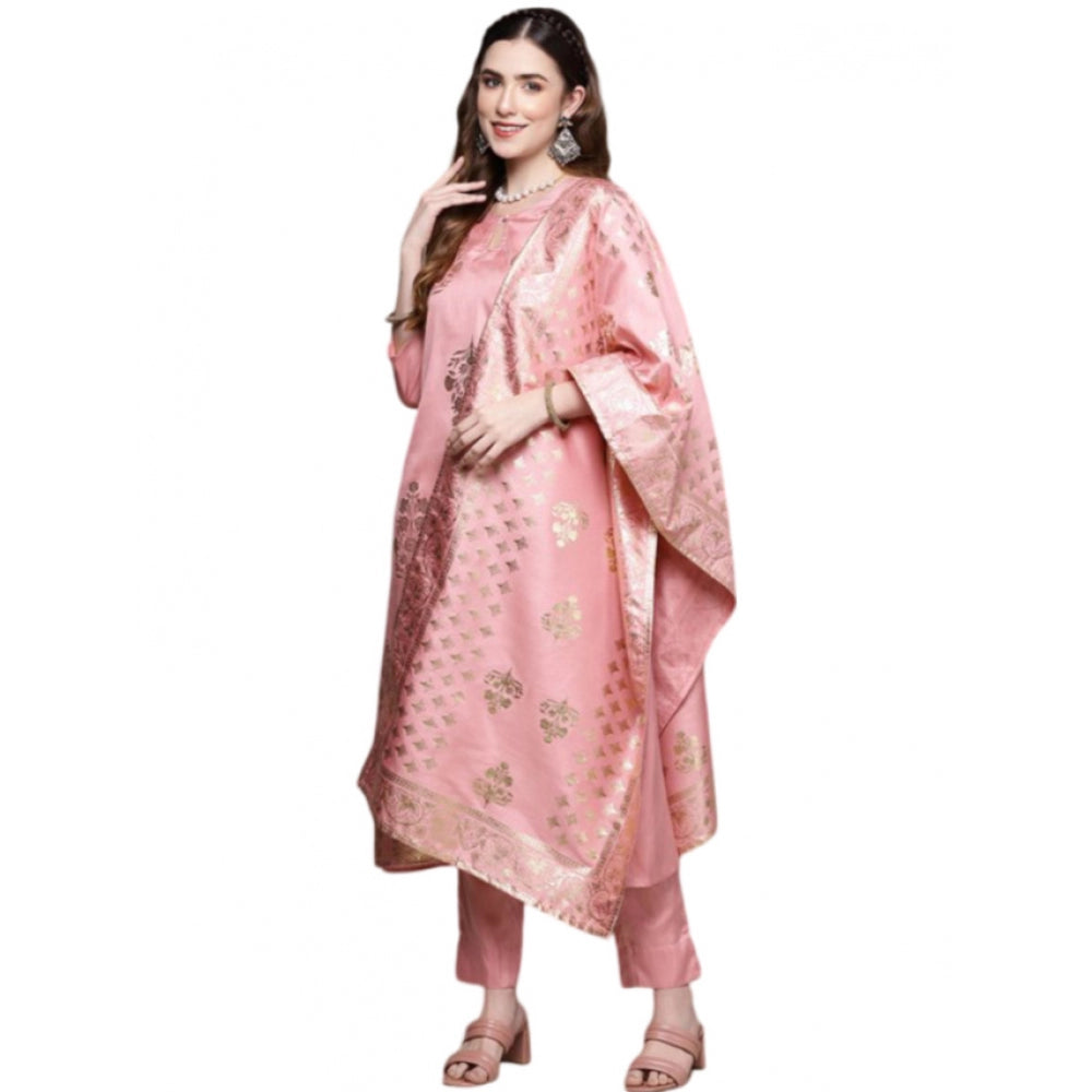 Shopper Beast Women's Casual 3-4Th Sleeve Floral Printed Poly Silk Kurti Pant And Dupatta Set (Light Pink)