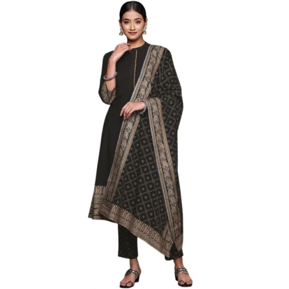 Shopper Beast Women's Casual 3-4Th Sleeve Ethnic Motifs Crepe Kurti Pant And Dupatta Set (Black)