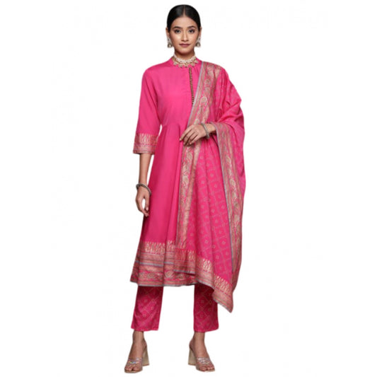 Shopper Beast Women's Casual 3-4Th Sleeve Ethnic Motifs Crepe Kurti Pant And Dupatta Set (Pink)