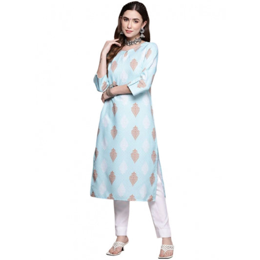 Shopper Beast Women's Casual 3-4Th Sleeve Ethnic Motifs Rayon Kurti And Pant Set (Sky Blue)