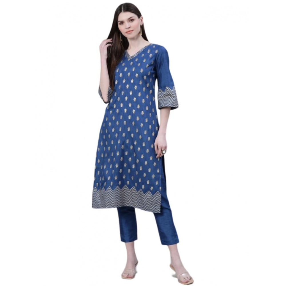 Shopper Beast Women's Casual 3-4Th Sleeve Floral Printed Poly Silk Kurti And Pant Set (Blue)