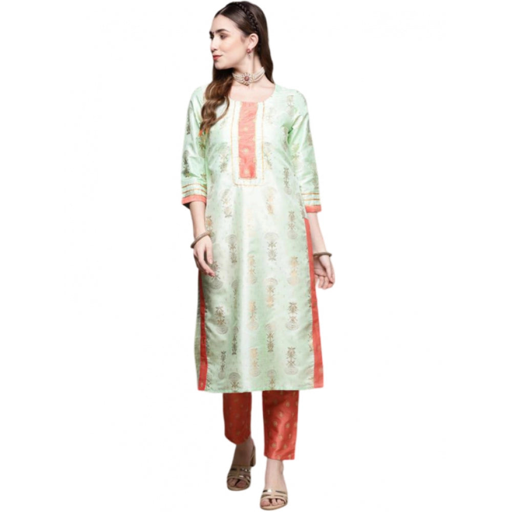 Shopper Beast Women's Casual 3-4Th Sleeve Floral Printed Poly Silk Kurti And Pant Set (Pista Green)