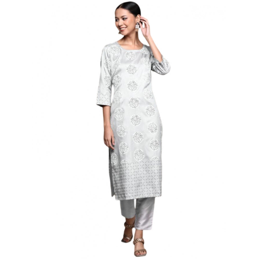 Shopper Beast Women's Casual 3-4Th Sleeve Floral Printed Poly Silk Kurti and Pant Set (Light Grey)