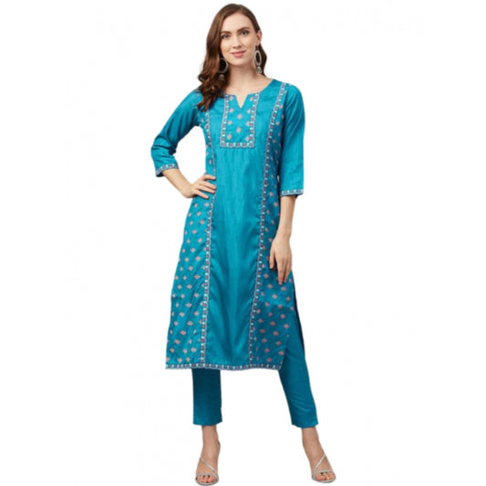 Shopper Beast Women's Casual 3-4Th Sleeve Floral Printed Poly Silk Kurti and Pant Set (Blue)