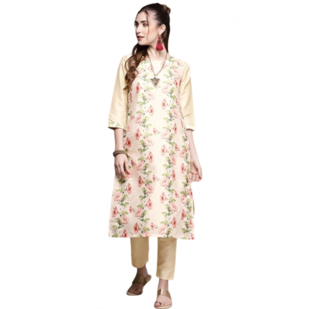 Shopper Beast Women's Casual 3-4Th Sleeve Floral Printed Poly Silk Kurti and Pant Set (Cream)