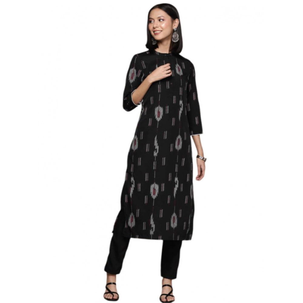 Shopper Beast Women's Casual 3-4Th Sleeve Ikkat Crepe Kurti And Pant Set (Black)