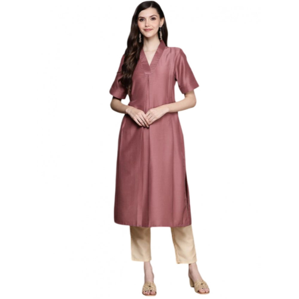 Shopper Beast Women's Casual Half Sleeve Solid Chinon Kurti And Pant Set (Brown)