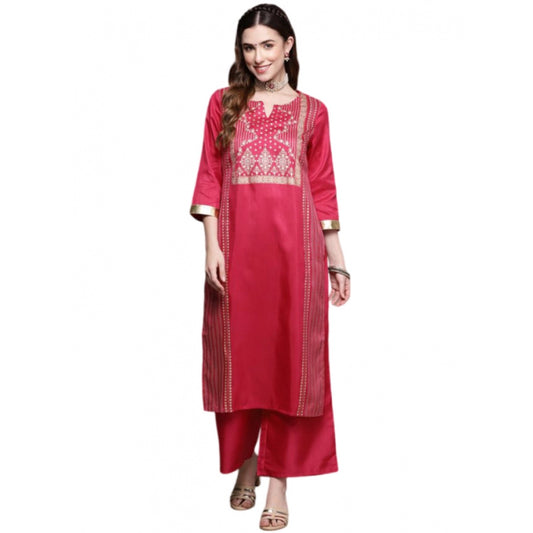 Shopper Beast Women's Casual 3-4Th Sleeve Ethnic Motifs Poly Silk Kurti And Palazzo Set (Pink)